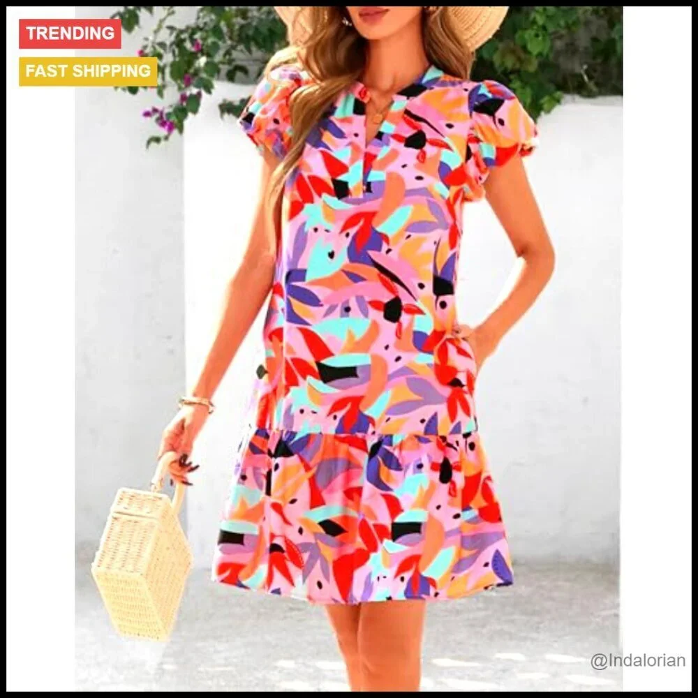 Puffy Sleeve V-Neck Boho Mini Dress Flowy A-Line with Pockets Summer Casual
